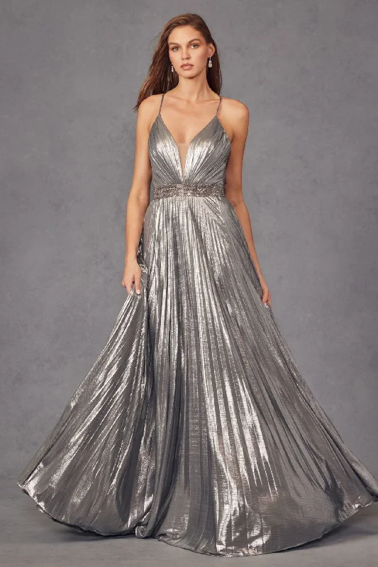 sexy evening dress for spring -Pleated Metallic Long Sleeveless V-Neck Dress by Juliet 226