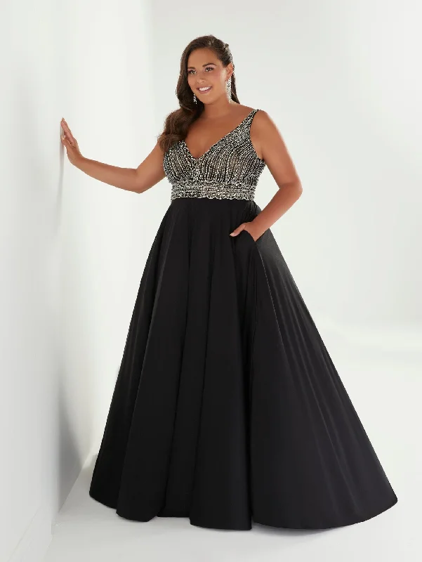 chic evening dress for club -Plus Size Beaded Crepe A-line Gown by Tiffany Designs 16961