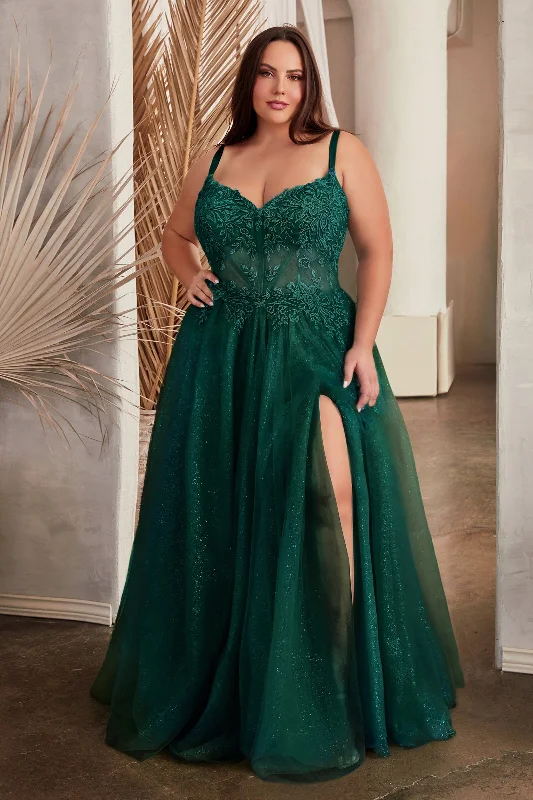 black evening dress plus size -Plus Size Applique Sleeveless Slit Gown by Ladivine C150C