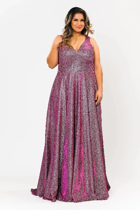 velvet evening dress for winter -Plus Size Long Metallic Glitter V-Neck Dress by Poly USA W1036