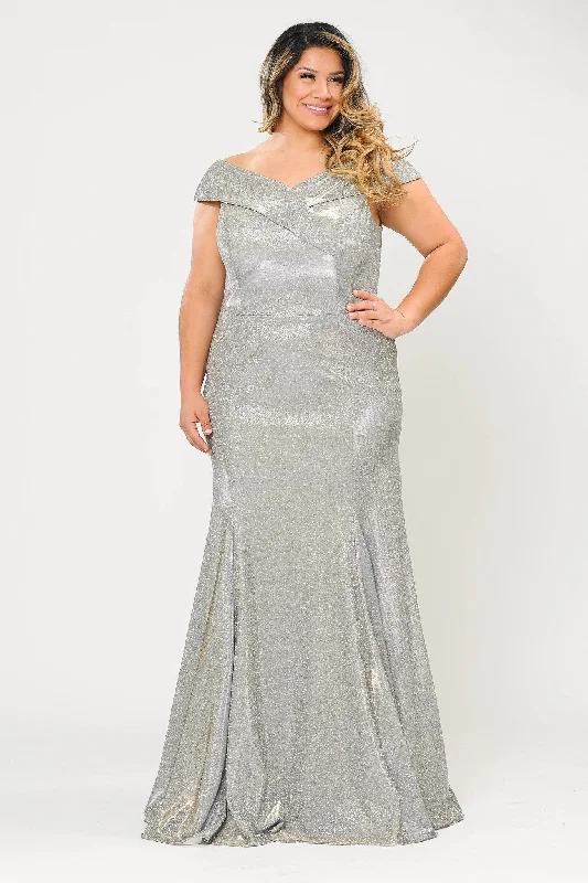 cute evening dress for women -Plus Size Off Shoulder Glitter Mermaid Dress by Poly USA W1042