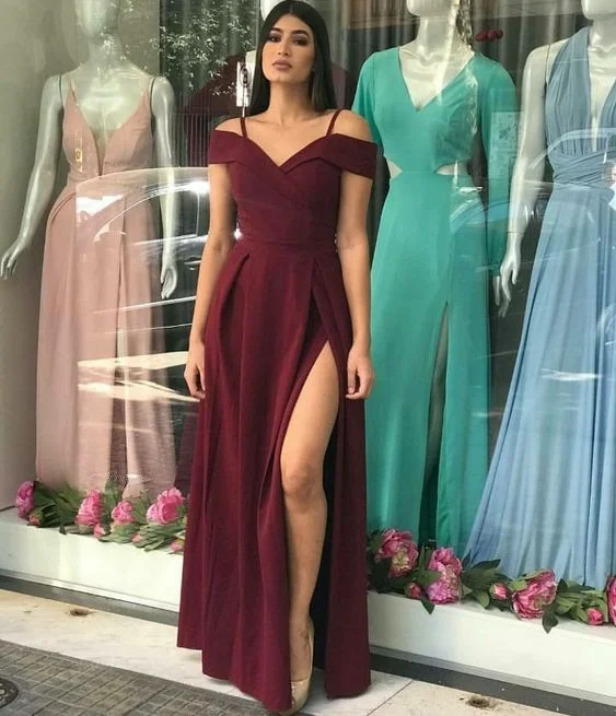 white evening dress for nightlife -Popular Burgundy Slit Off Shoulder Party Formal Prom Dress cc914