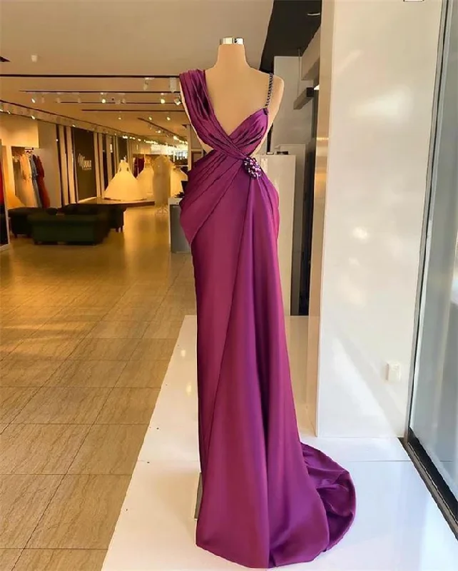 red evening dress for events -Purple Evening Dresses Beaded Crystals Ruched Pleats Satin Summer Spaghetti Strap Custom Made Prom Gown Formal Party Occasion Wear c3274