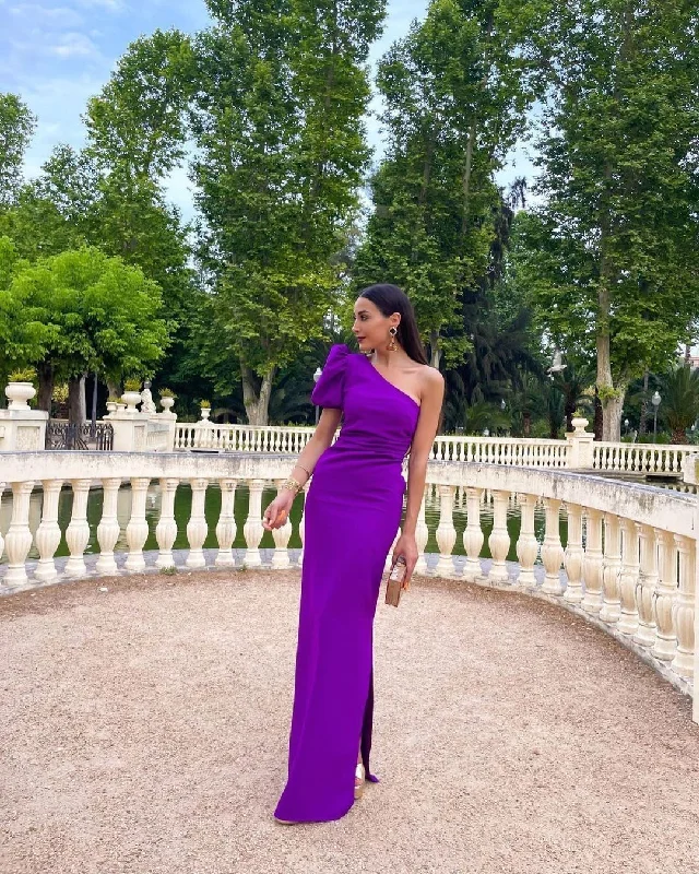 black evening dress for nightlife -Purple One Shoulder Long Prom Dress,Purple Wedding Guest Dress  cc660