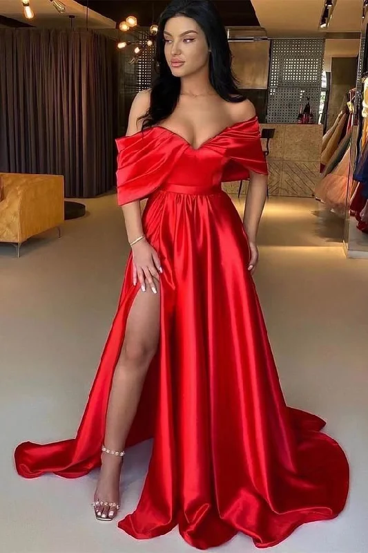 cute evening dress for women -Red A Line Off The Shoulder Prom Dress Split cc457