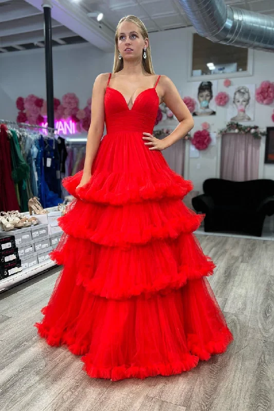 black evening dress for women -Red A-line Ruffle Layers Plunging V Neck Straps Long Prom Dress cc539