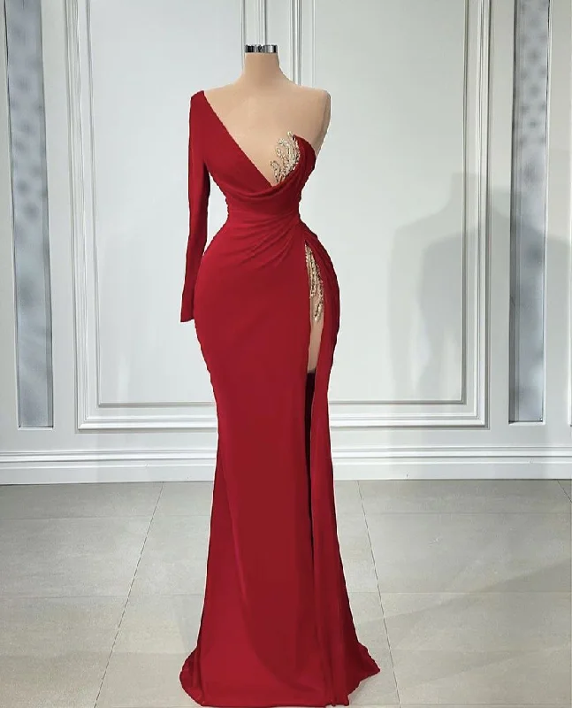 evening dress with floral design -Red One Shoulder Long Sleeve Evening Dress Women High Split Dubai Prom Dresses Wedding Guest Party Gowns  cc648