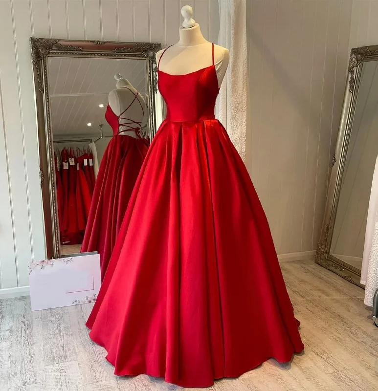 evening dress with chic ruffles -Red satin long prom dress simple evening gown cc470