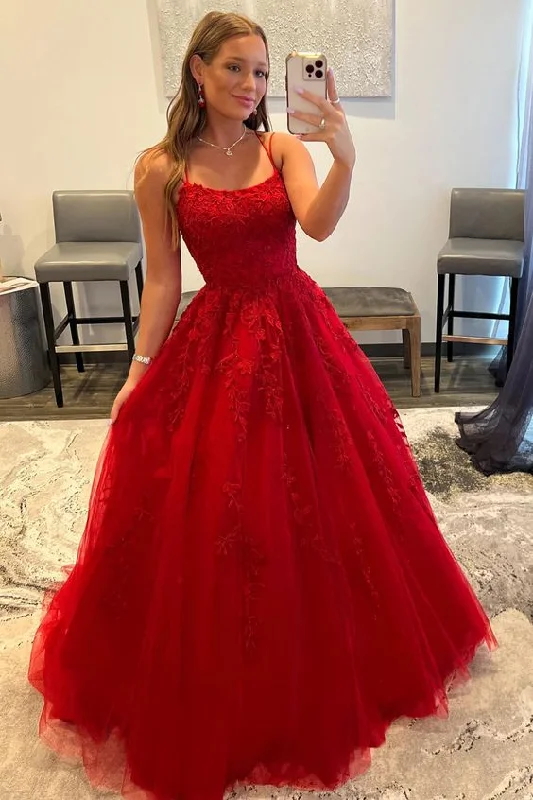 sexy evening dress for summer -Red Spaghetti Straps Long Prom Dress with Appliques cc451