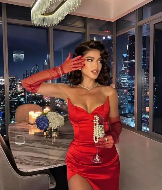 red evening dress for party -Red Sweetheart Long Prom Dress Glamorous Evening Dress Without Gloves cc445