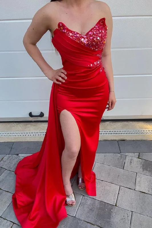 sexy evening dress for date -Red Sweetheart Long Sequins Mermaid Prom Dress Slit With Ruffles cc882