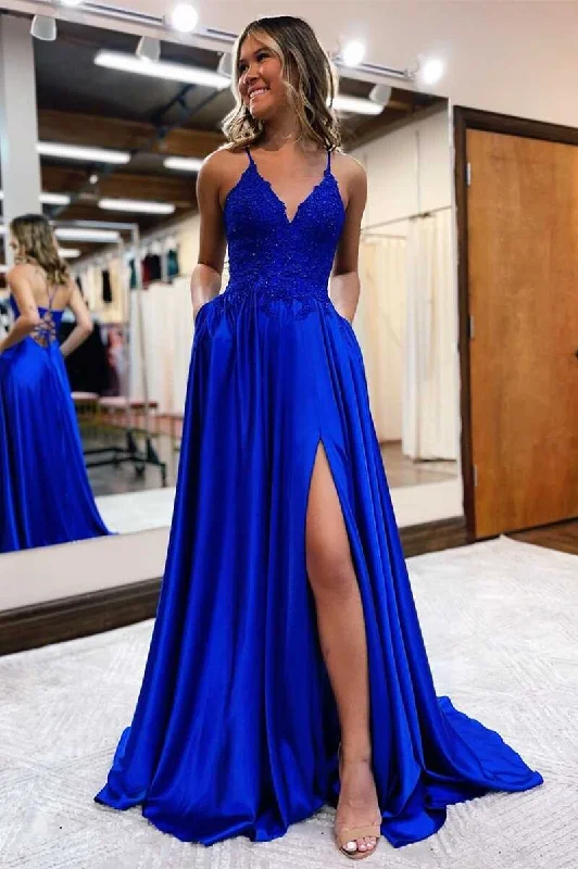 white evening dress for club -Royal Blue Lace Lace-Up Long Prom Dress cc396