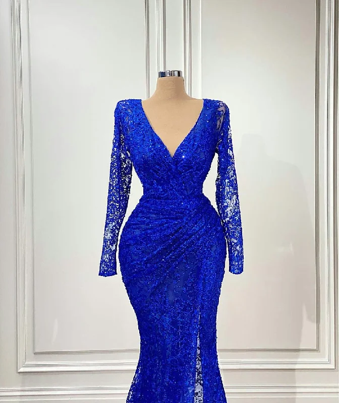 sexy evening dress for date -Royal Blue Mermaid Evening Gowns V Neck Long Sleeve Side Split Evening Gowns Red Carpet Illusion Prom Dress c2872