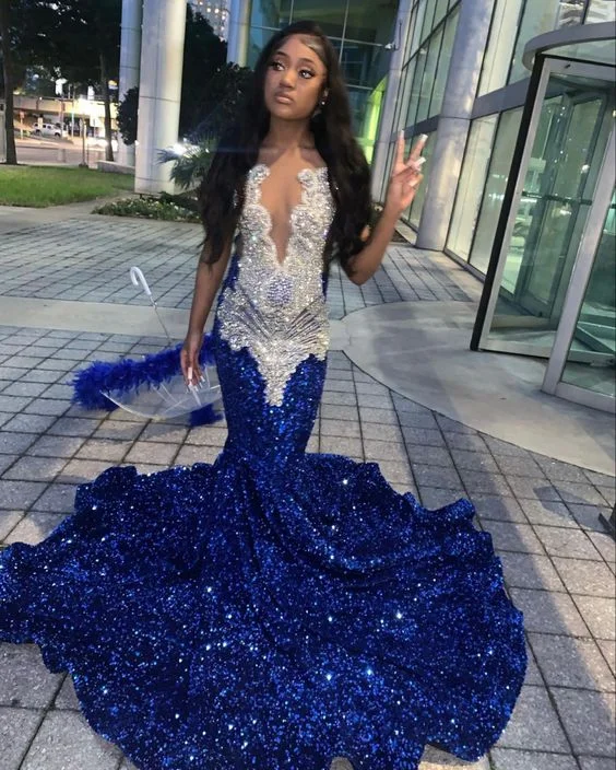 black evening dress for summer -Royal Blue Sequins Mermaid Prom Dress Formal Evening Occasion Gowns cc950