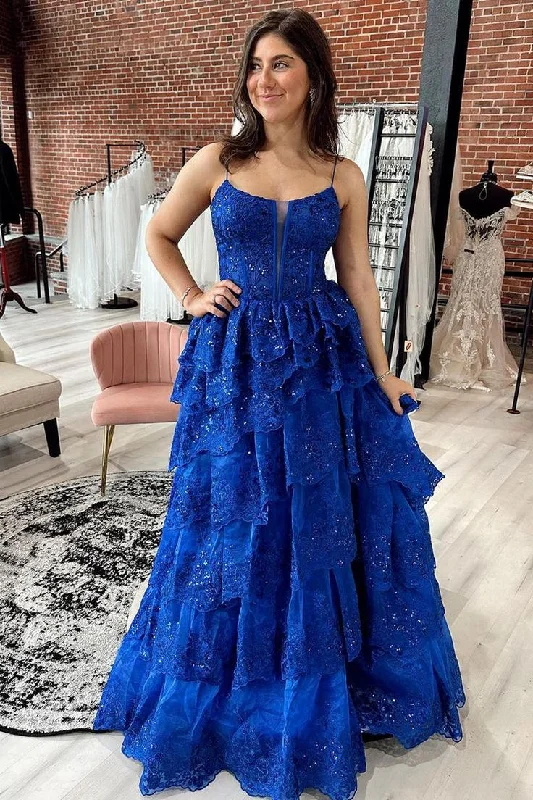 white evening dress for party -Royal Blue Straps Tiered A-Line Prom Dress with Sequins  cc738