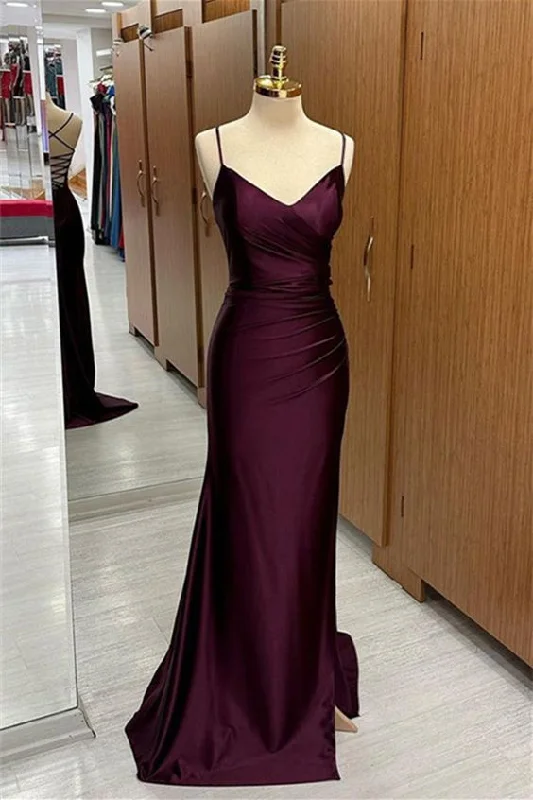 off shoulder evening dress elegant -Satin V Neck Lace-Up Back Pleated Long Prom Dress cc641