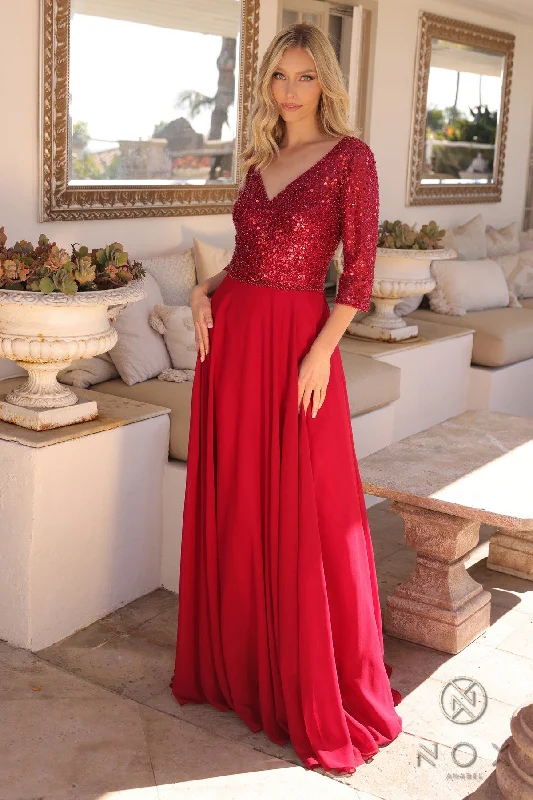 elegant evening dress for women -Sequin Bodice 3/4 Sleeve A-line Gown by Nox Anabel MF103