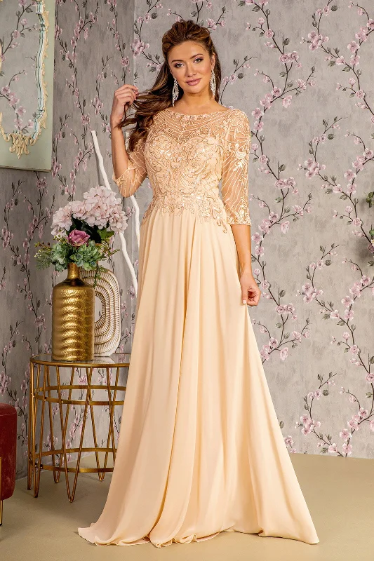 cheap evening dress for teens -Sequin Embroidered 3/4 Sleeve Gown by GLS Gloria GL3446