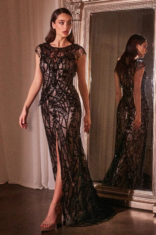 elegant evening dress for events -Sequin Fringe Cap Sleeve Slit Gown by Ladivine CC4007