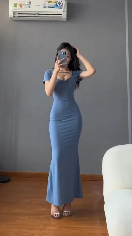 cute evening dress for women -Sexy Blue Bodycon Dress,Blue Long Prom Dress cc853