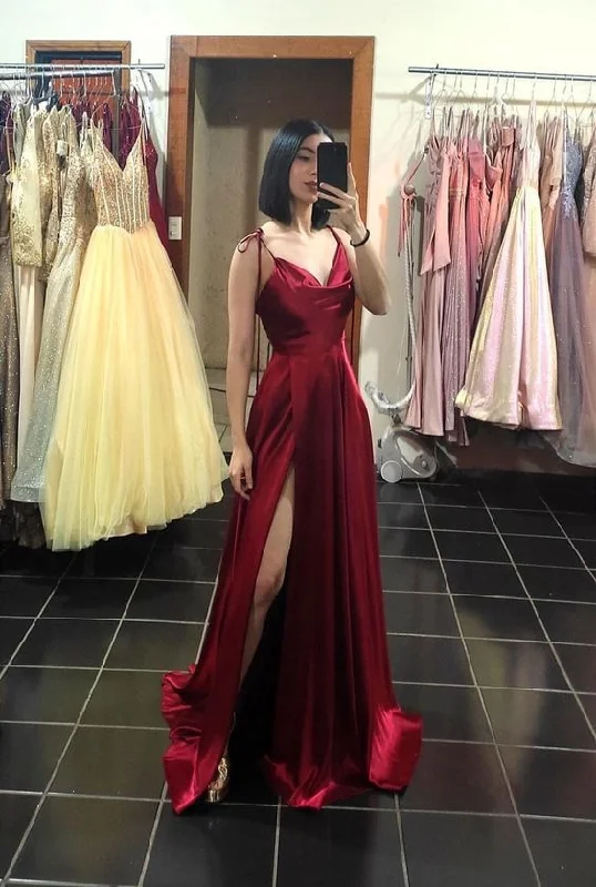 elegant evening dress for events -Sexy Burgundy Satin Spaghetti Straps Sleeveless Side Slit A-Line Long Prom Dress cc945