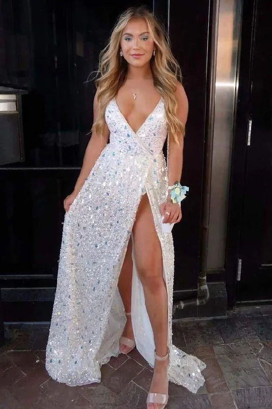 sexy evening dress for date -Sexy Deep V-Neck White Sequined Prom Dress c3456