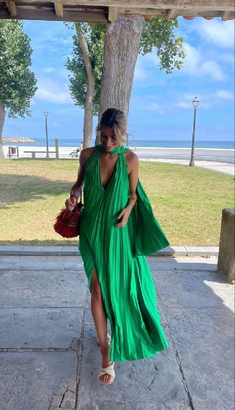 evening dress with floral sleeves -Sexy Green Pleated Prom Dress,Boho Dress,Summer Beach Dress cc661