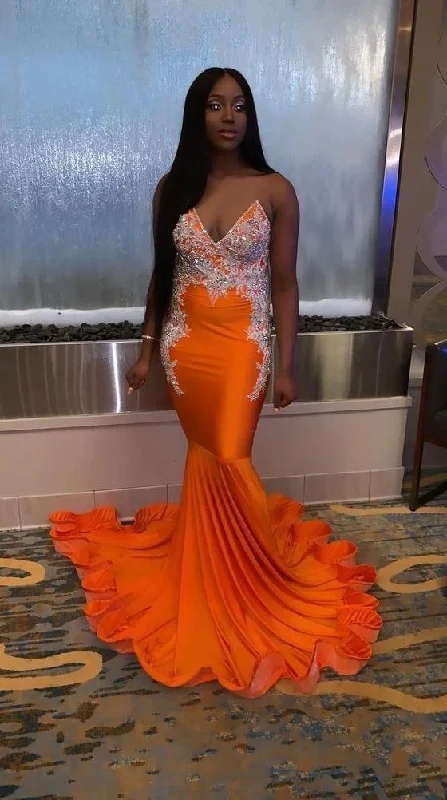 chic evening dress for club -Sexy Orange Mermaid Prom Dresses Sexy Evening Dress cc416