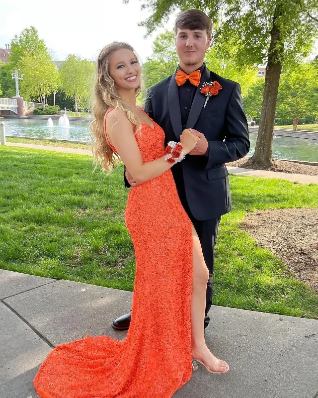 elegant evening dress for women -Sexy Orange Mermaid Side Slit Long Prom Dress cc520