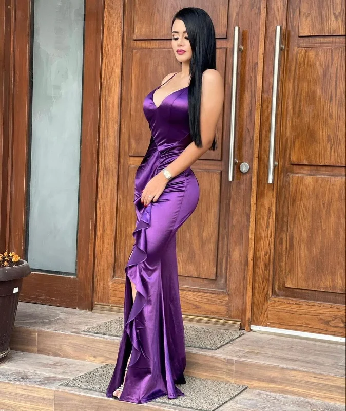 black evening dress for teens -Sexy V-neck Purple Backless Prom Dress,Purple Gala Dress cc773