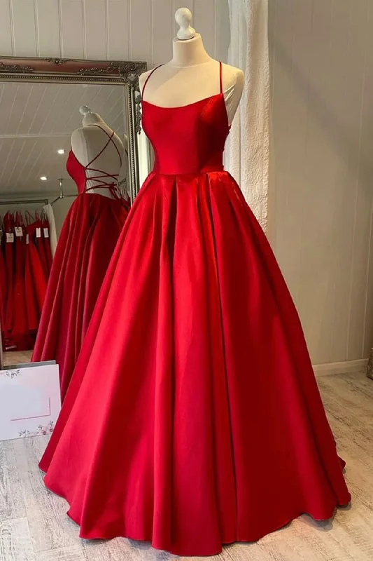 sexy evening dress for summer -Simple Backless Red Satin Long Prom Dresses, Long Red Formal Graduation Evening Dresses c3445