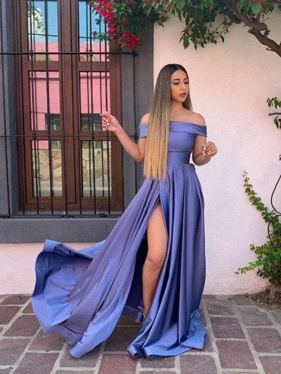 evening dress with unique prints -Simple off shoulder purple satin long prom dress, purple evening dress cc610