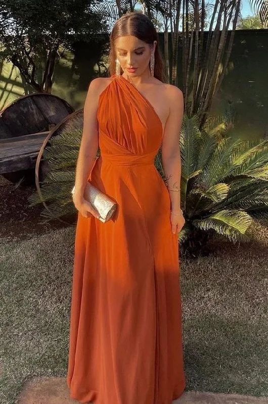 affordable evening dress for events -Simple One Shoulder Burnt Orange Long Evening Prom Dresses, Custom Prom Dress cc617