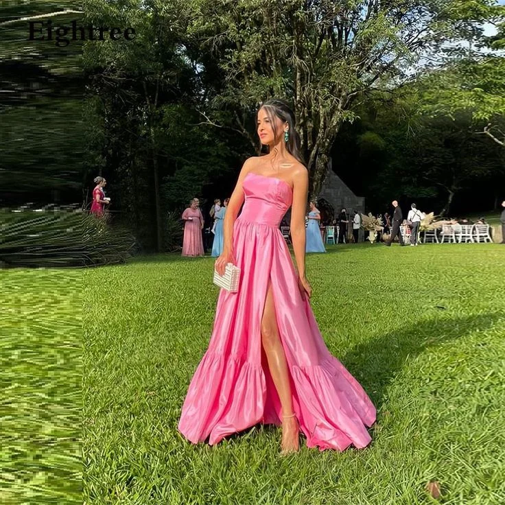 trendy evening dress for teens -Simple Pink Long A Line Prom Dresses Strapless Sleeveless Club Gowns Side Slit Formal Party Night Evening Dress cc522