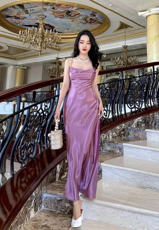 white evening dress for club -Simple purple evening dresses satin pleated long prom dress c2875