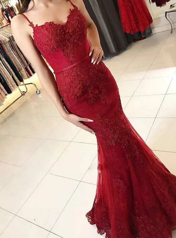 elegant evening dress for women -Spaghetti Strap Burgundy Lace Appliqued Mermaid Prom Dresses cc481