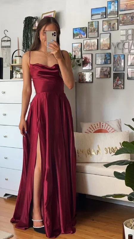 red evening dress for girls -Spaghetti Straps Burgundy Simple Prom Dress Elegant Prom Dress With Split cc116