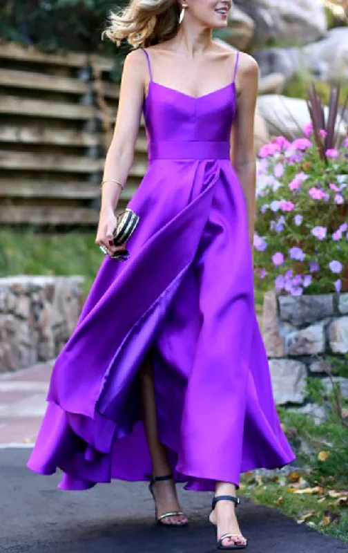 trendy evening dress for summer -Spaghetti Straps Purple Satin Prom Dress Tea Length Wedding Party Formal Gown c2848