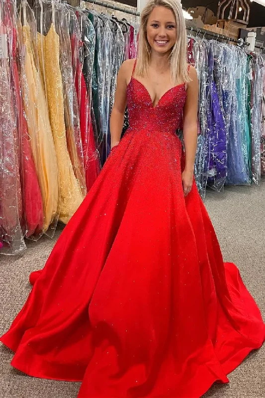 chic evening dress for party -Spaghetti Straps Red Satin Beaded A-line Long Formal Gown Red Prom Dress cc466