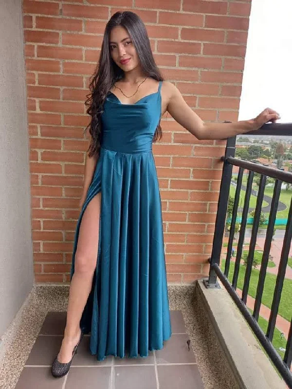 elegant evening dress for prom -Spaghetti Straps Satin Prom Dress High Slit Backless Club Party Evening Dress cc632