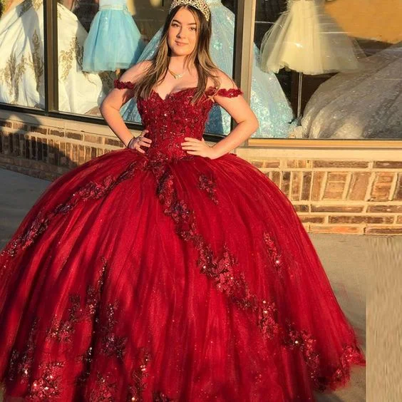 red evening dress for club -Spark Princess Quinceanera Dress Appliques Flowers Corset Back Ball Gown Party Sweet 16 Prom Gowns c2780