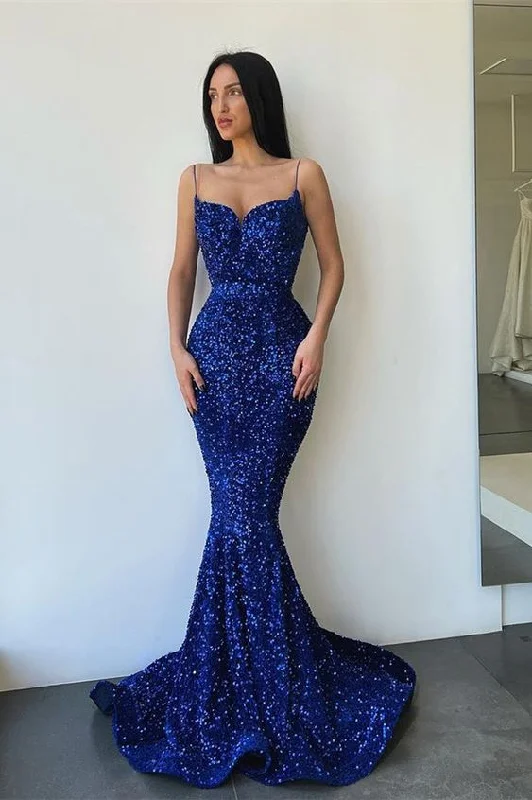 elegant evening dress for nightlife -Sparkly Sleeveless Royal Blue Sequined Mermaid Prom Dresses cc464