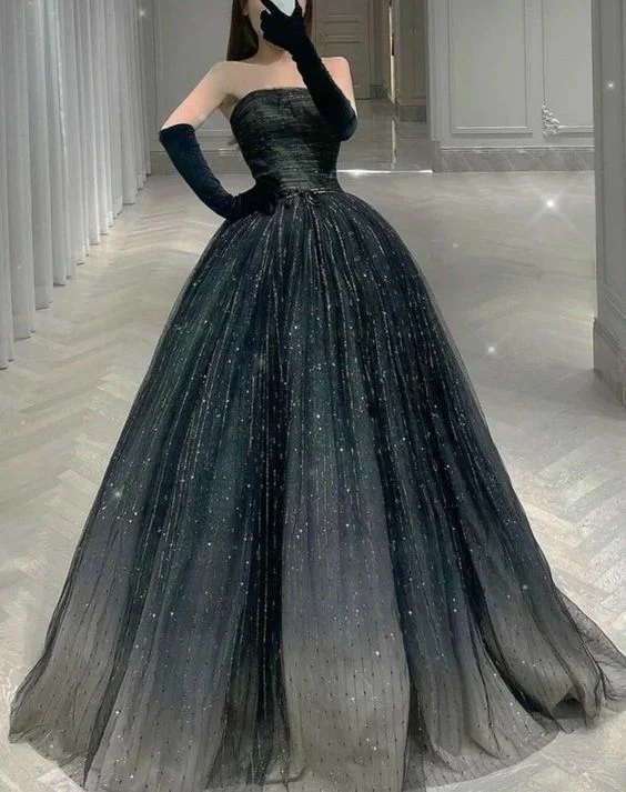 black evening dress for women -Stunning Black A-line Strapless Prom Dress,Gothic Ball Gown cc961