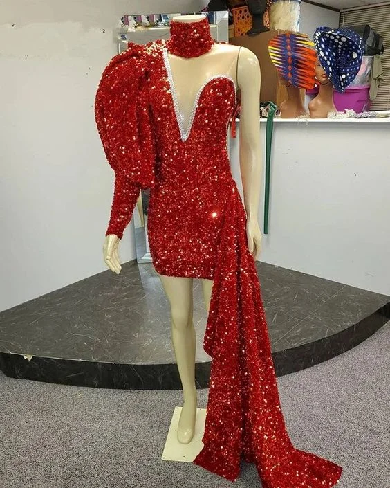 evening dress with chic sleeves -Stunning Red Sequins Short Prom Dresses With High Neck African Black Girl Party Prom Dresses With Long Train c3173