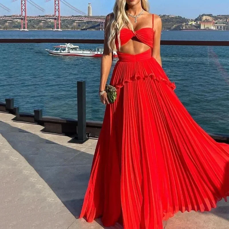 evening dress with chic ruffles -Summer Party Dress Sexy Sling Dress Solid Sleeveless Backless Prom Dress Long A-line Skirt Dresses  cc506