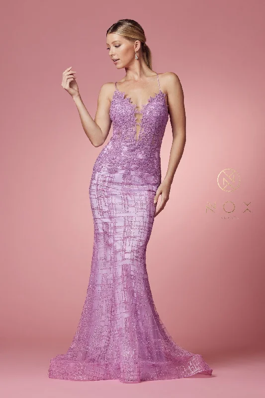 evening dress with bold prints -Glitter Print V-Neck Mermaid Dress by Nox Anabel R282-1