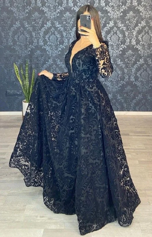 red evening dress for club -V-Neck Long Sleeve Prom Dresses, Black Long Prom Dress cc683