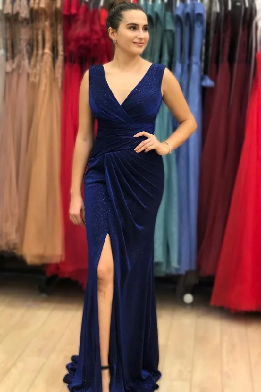 red evening dress for girls -Vintage Blue V-Neck Long Mermaid Prom Dress With Split cc886