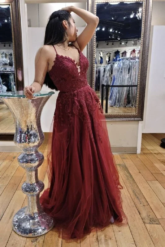 affordable evening dress for date -Wine Red Lace Plunge V Lace-Up A-Line Prom Dress cc534