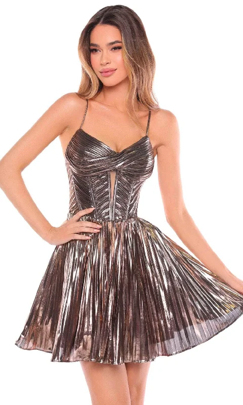 party dress with floral prints -Amarra 88059 - Pleated V-Neck Metallic Cocktail Dress